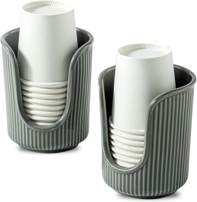 Dobbyby Ceramic Bathroom Cup Dispenser with Stylish Vertical Stripes - Disposable Mouthwash Cup Holder Holds 3-4oz Paper Cups for Rinsing Cups on Bathroom Vanity Countertops (Grey-Grey-2 Pack) - Image 1